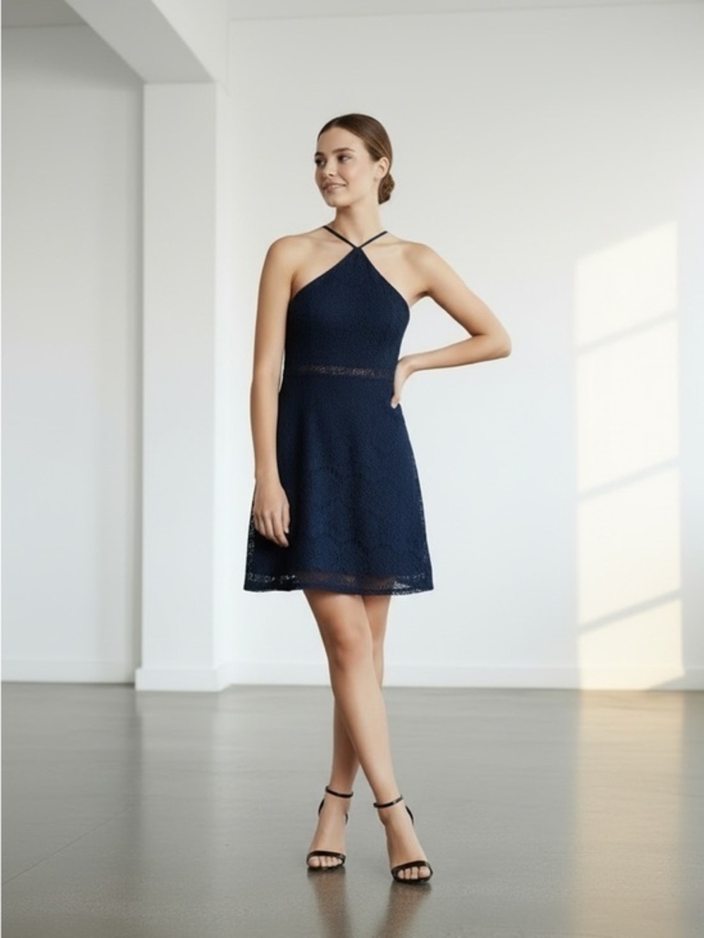 Navy Halter Lace A-Line Dress